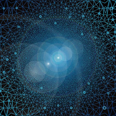 web of blue polygons with blue light flare in centre