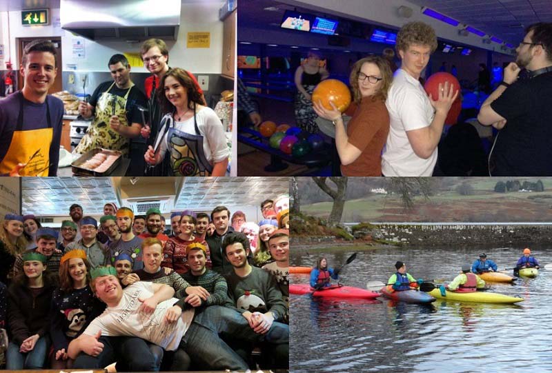 Collage of students cooking, bowling and kayaking