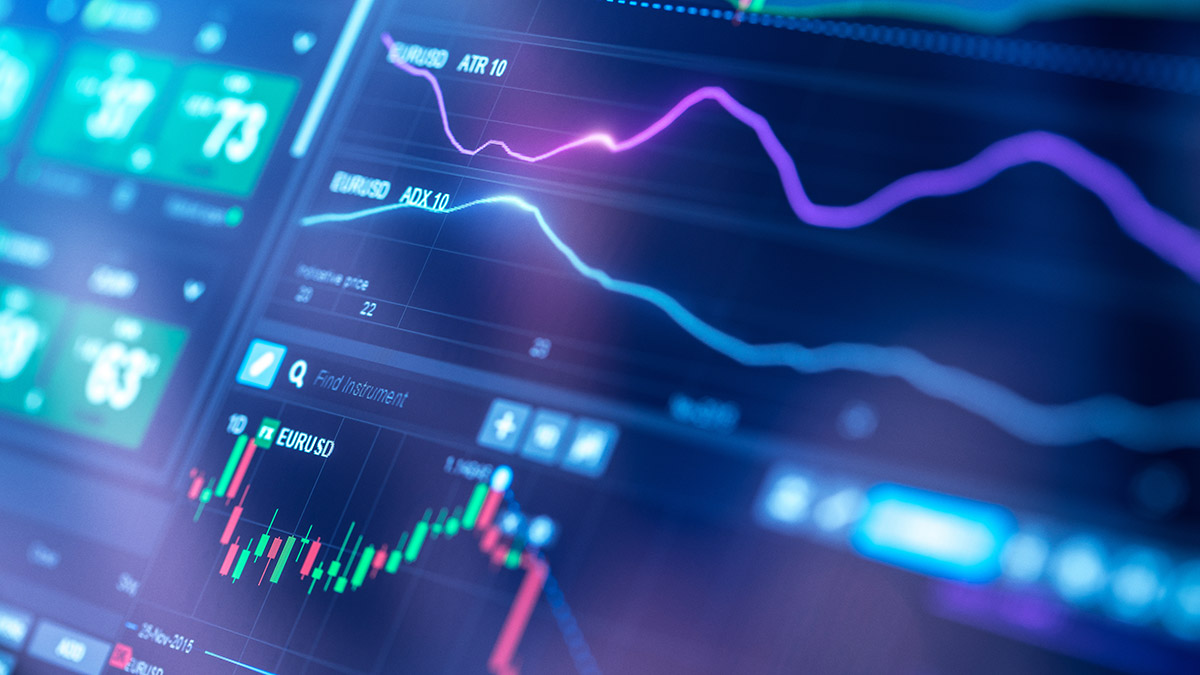 Computer monitor showing financial market tracking software 