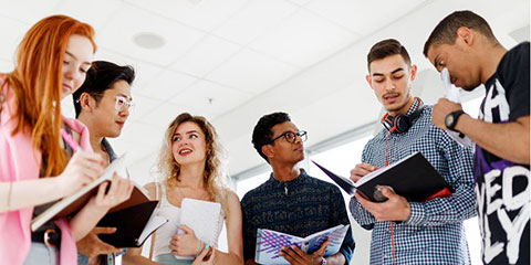 Group of students compare notes