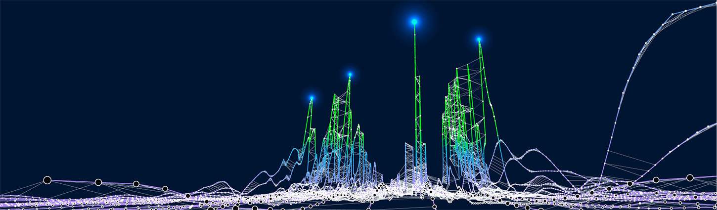 Design concept for city skyline in green lines with blue lights at the peaks