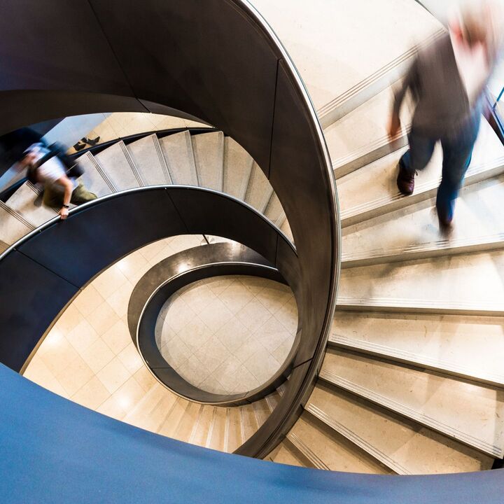 man walking down stairs