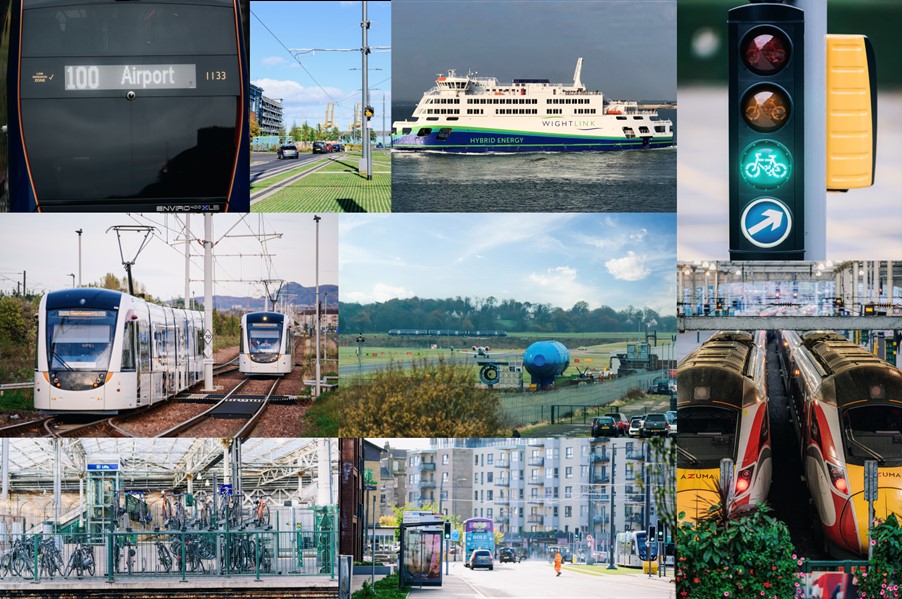 Collage of different methods of transport including rail, ferry, road, tram, air, cycle and bus.