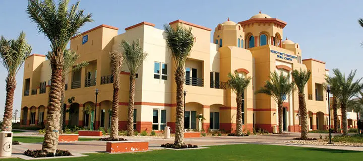 the first heriot-watt campus with tan color and a simplified arabic architectural design