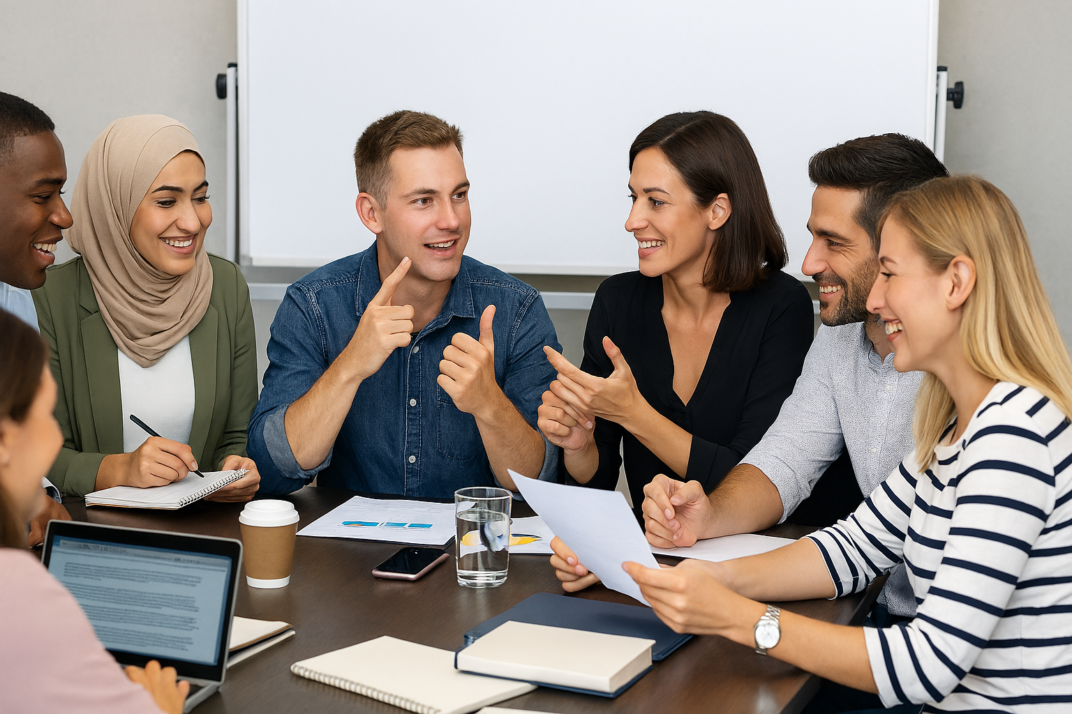 A group of professionals collaborate around a table in a workshop. 