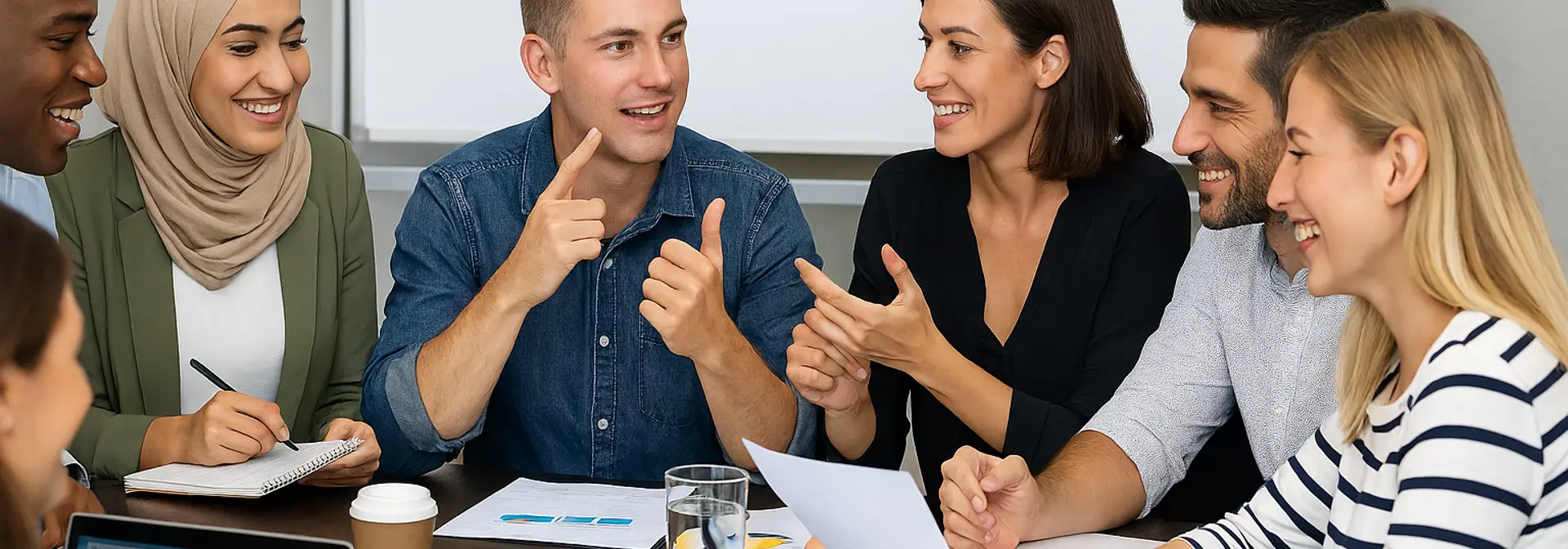 A group of professionals collaborate around a table in a workshop.