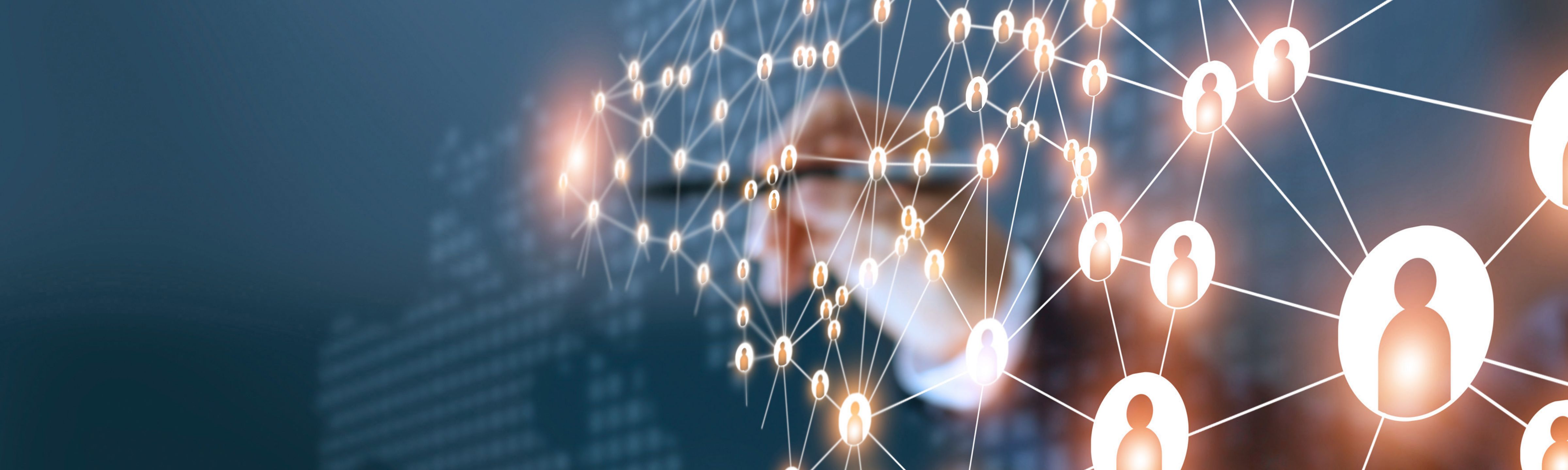 Abstract background featuring a hand holding a pen connecting dots of people to each other.