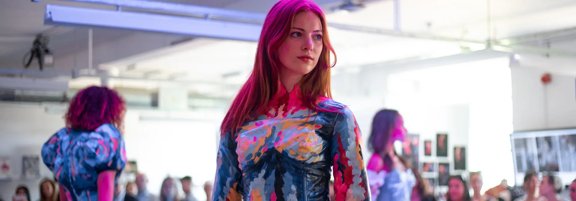 Model poses during degree show catwalk at Scottish Borders Campus