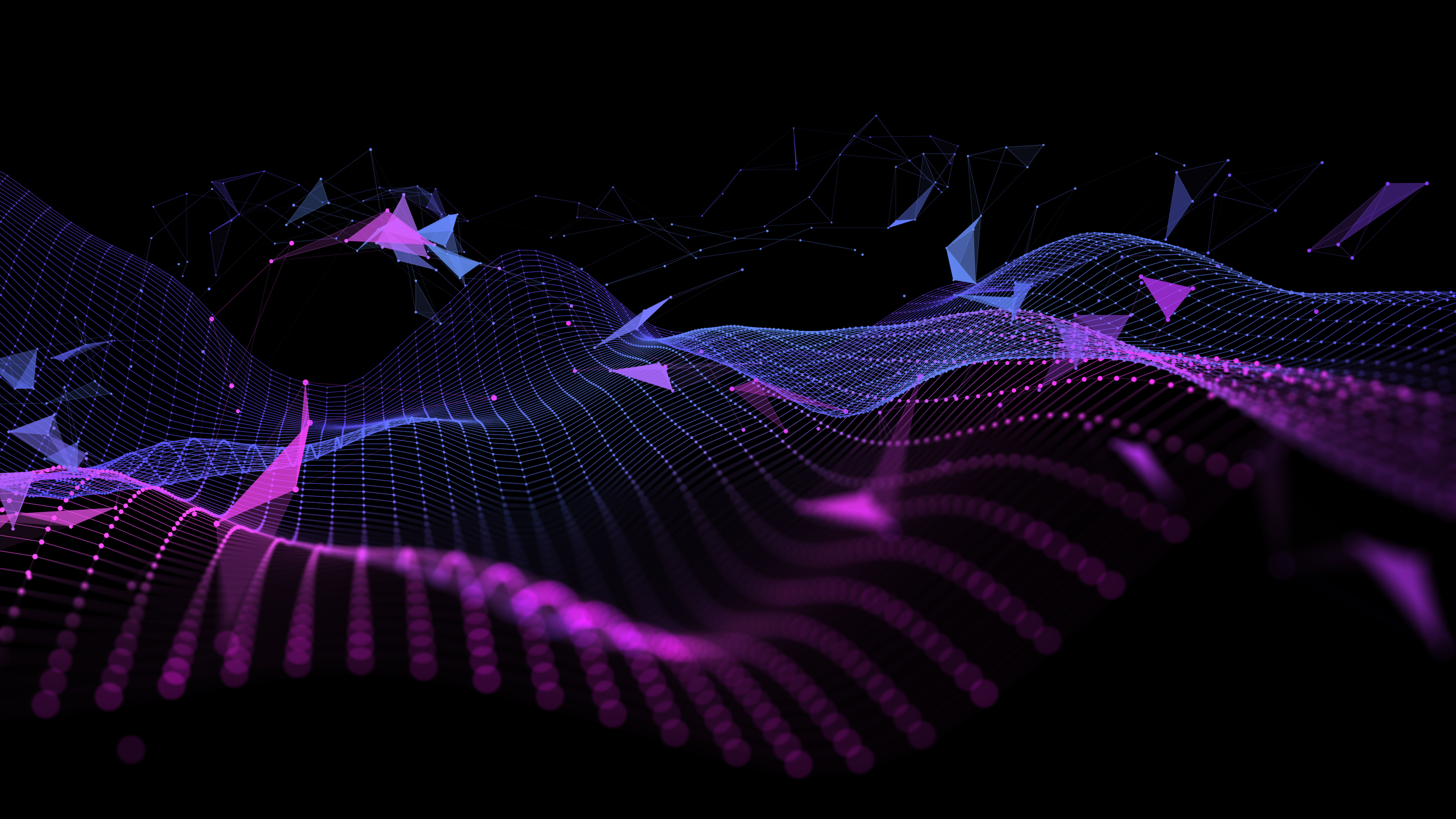Abstract digital landscape with flowing purple and blue data waves and connected points on a black background.