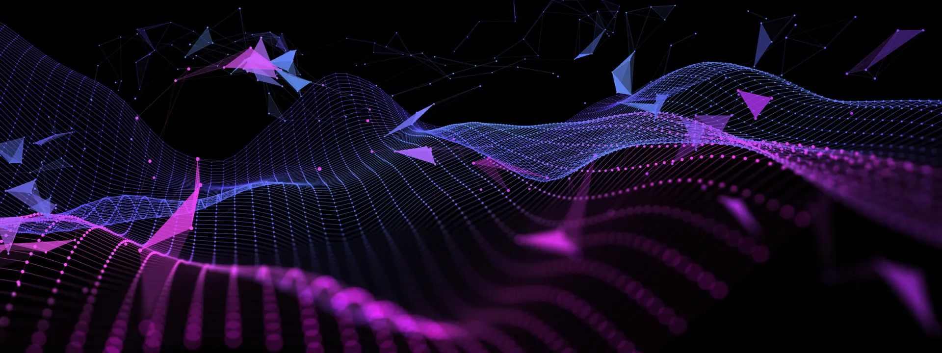 Abstract digital landscape with flowing purple and blue data waves and connected points on a black background.