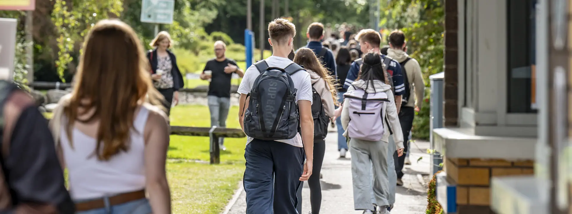 Students walk along a tree-lined pathway on campus, carrying backpacks and chatting with each other on a sunny day.