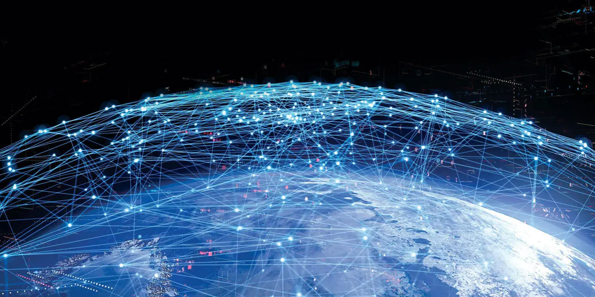 Planet Earth from space with connected nodes overlaid.