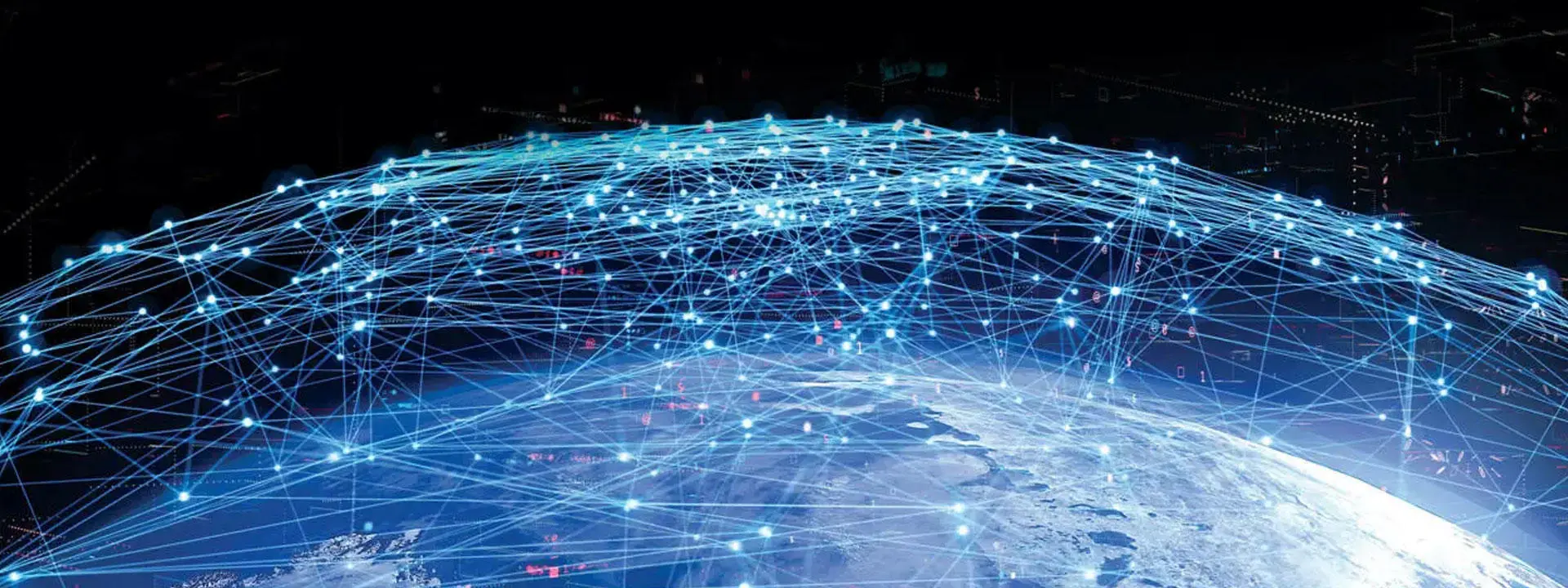 Planet Earth from space with connected nodes overlaid.