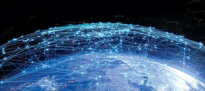 Planet Earth from space with connected nodes overlaid.