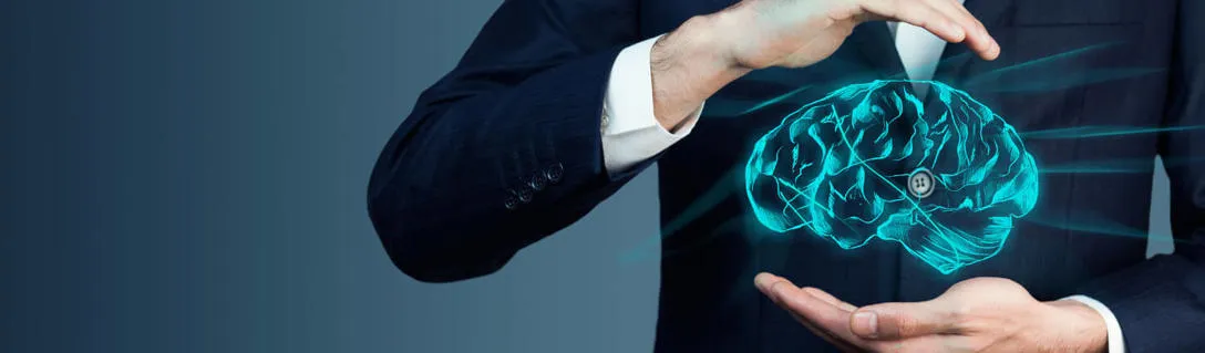 Man in business suit positions his hands above and below a hologram of a human brain, as if holding it