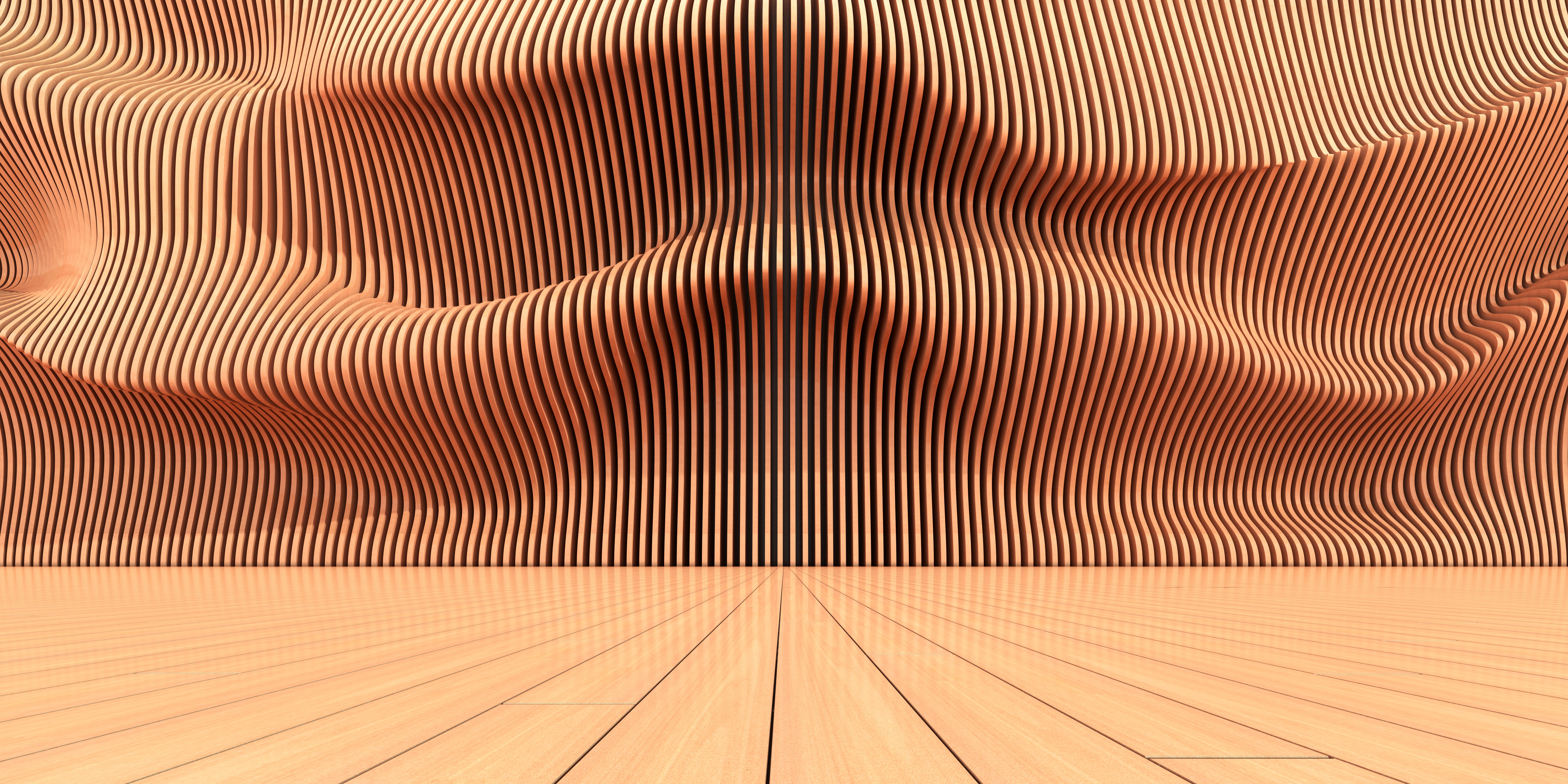 Curved orange wooden slat wall with wave-like contours above a polished wooden floor.