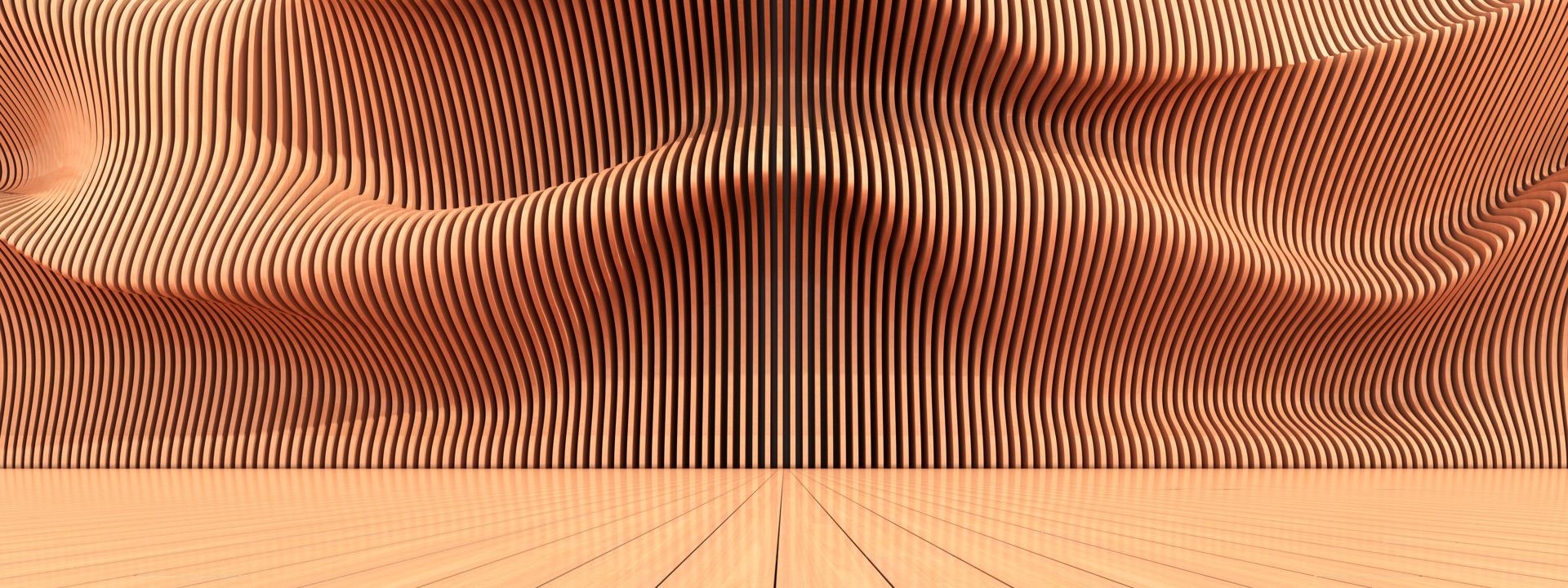 Curved orange wooden slat wall with wave-like contours above a polished wooden floor.