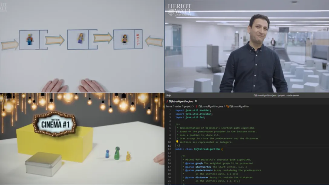 4 screenshots from our MSc Computer Science Virtual Learning Environment - the top left a screenshot of a data diagram illustration using lego characters, the top right is the Programme Director talking to the camera, bottom left is a small cinema model and the bottom right is a coding task from the programme.