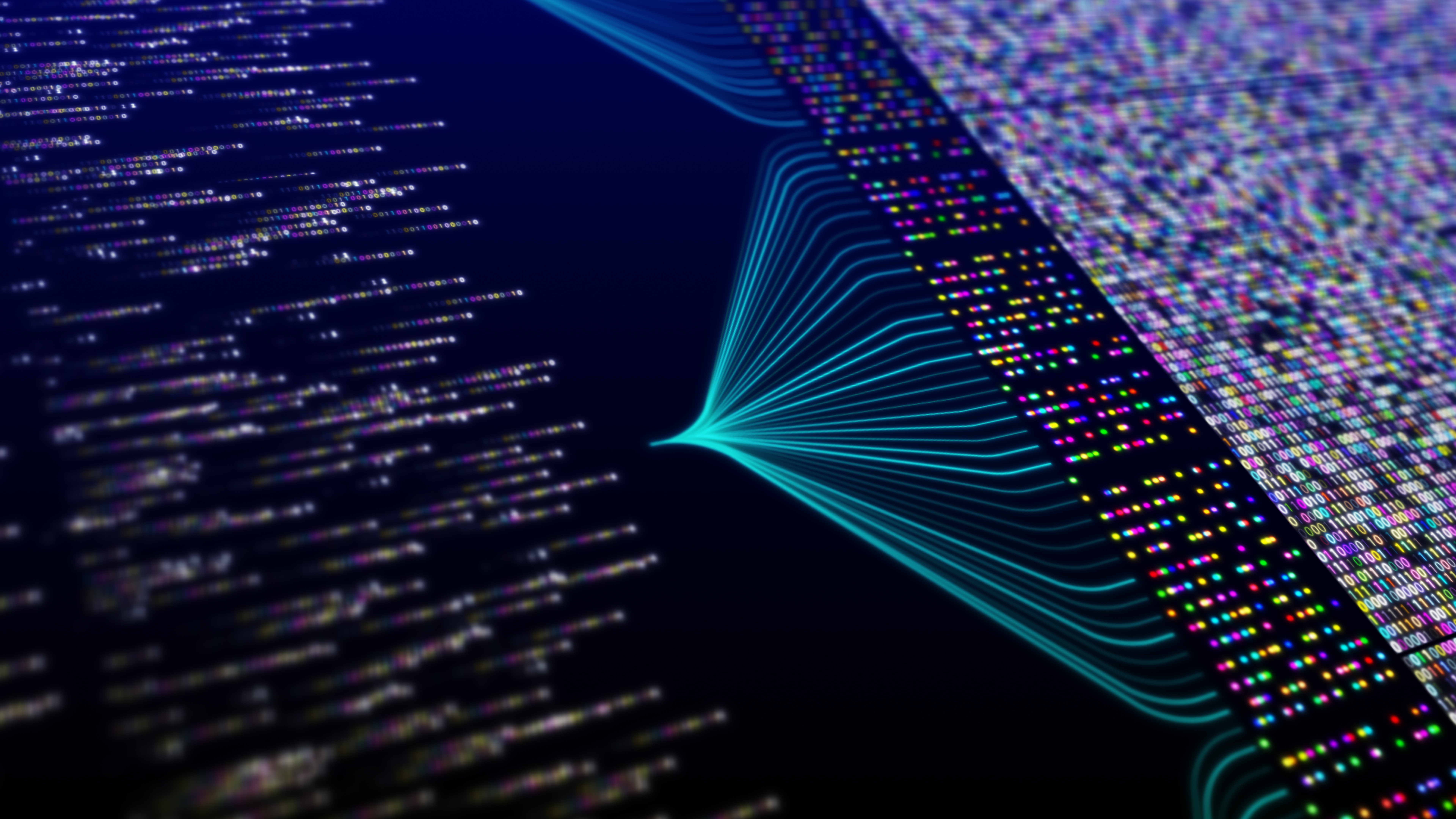 Streams of glowing blue data lines flowing between blurred blocks of multicoloured computer code on a dark background.