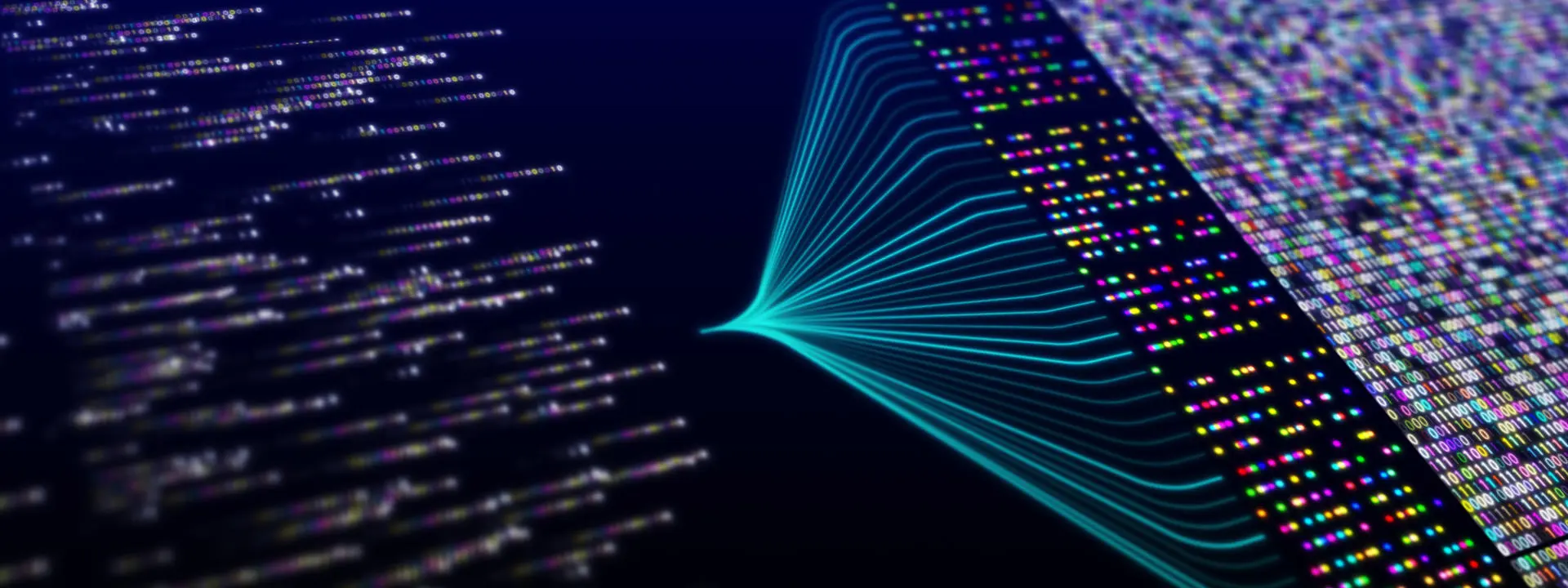 Streams of glowing blue data lines flowing between blurred blocks of multicoloured computer code on a dark background.