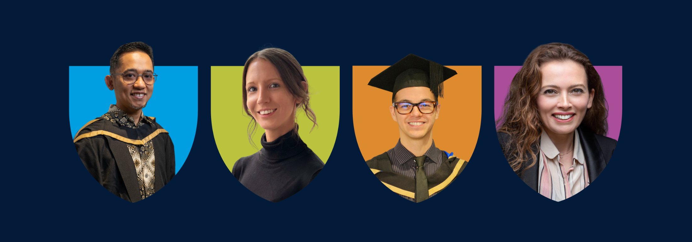 A range of Heriot-Watt Online graduates and academics appear in Heriot-Watt Online branded shields.