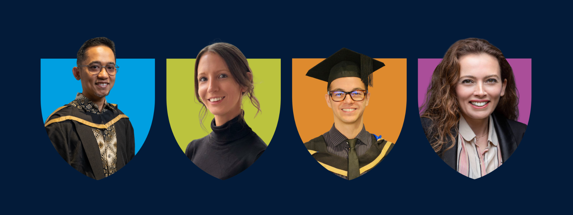 A range of Heriot-Watt Online graduates and academics appear in Heriot-Watt Online branded shields.