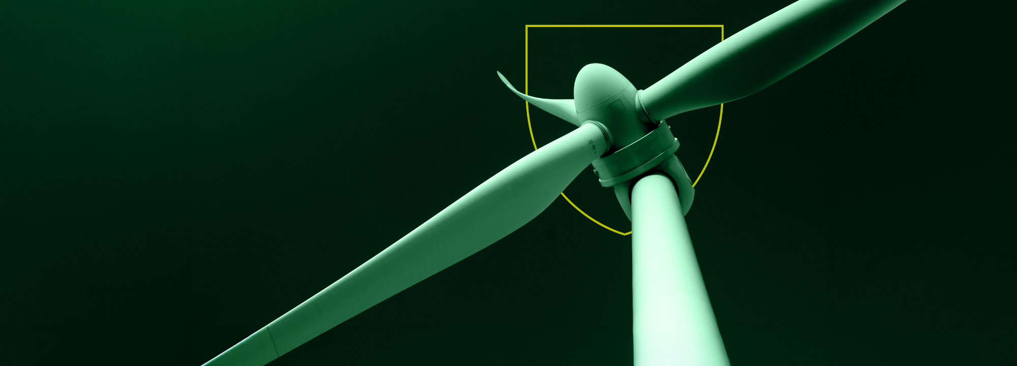 Wind turbine with dark green background and bright green shield.