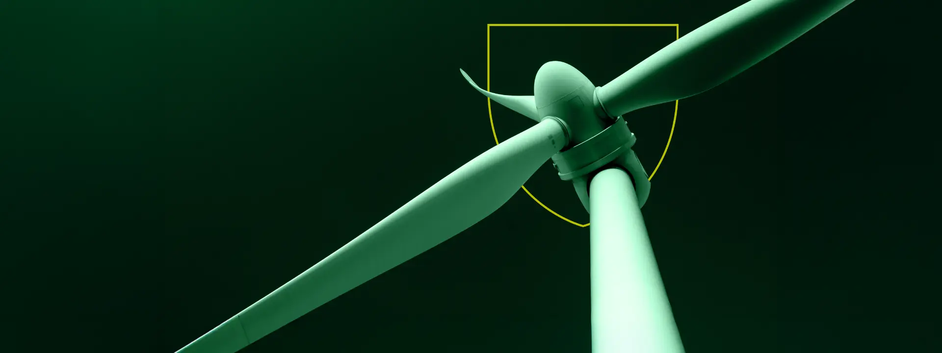 Wind turbine with dark green background and bright green shield.
