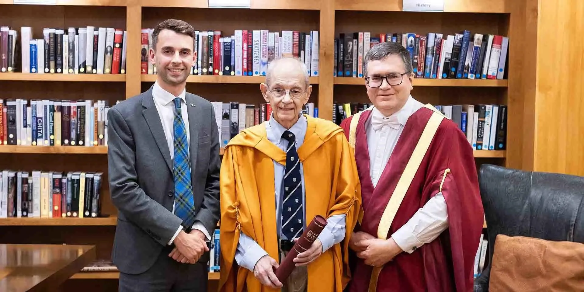 L-R: Andrew MacKinnon, Senior Development Executive, Iain Campbell and Professor Richard A. Williams. Iain Campbell Higher education champion receives honorary degree.