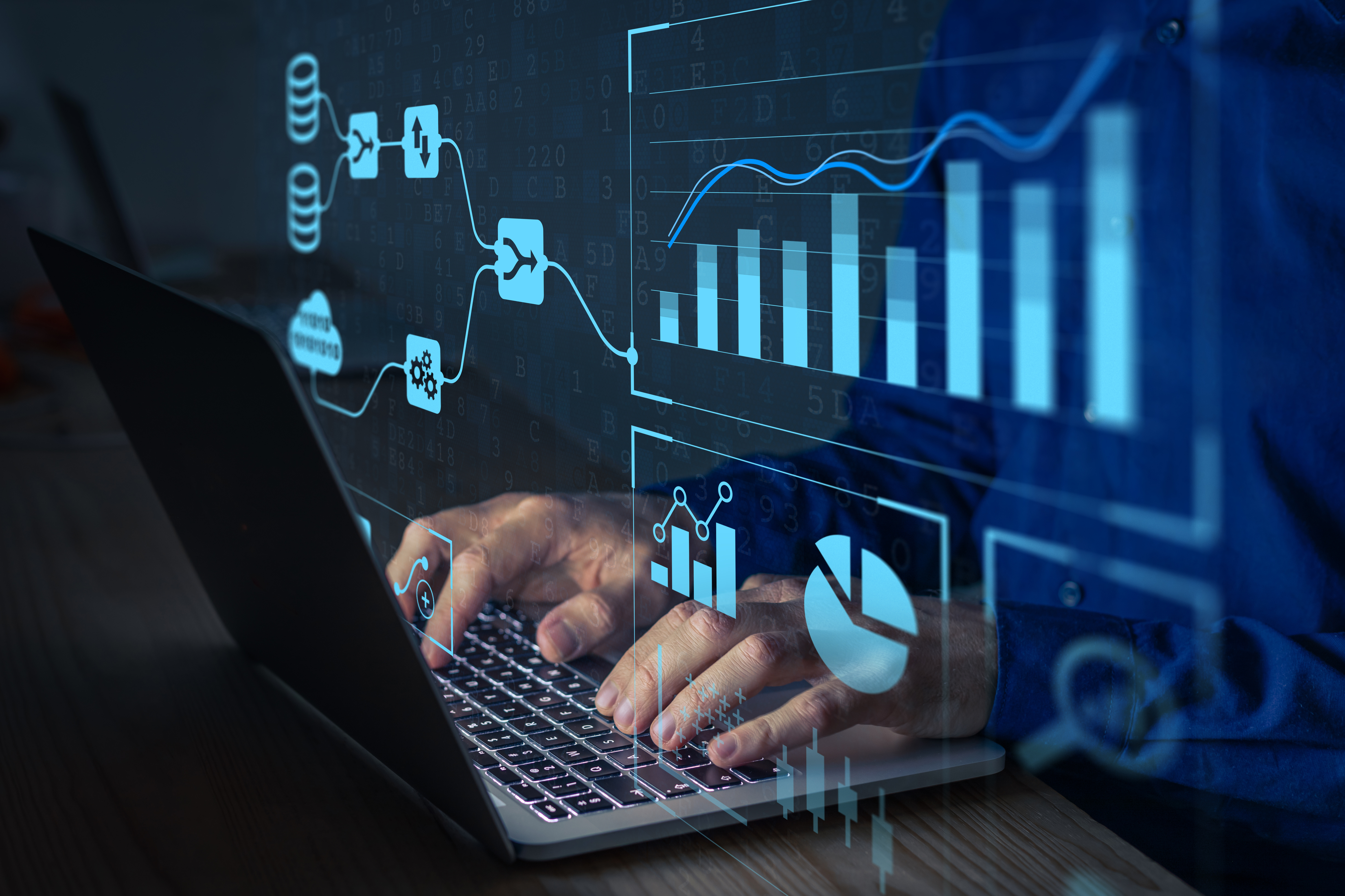 person typing overlaid with analytical graphs and charts
