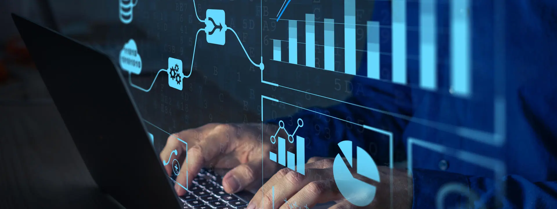 person typing overlaid with analytical graphs and charts