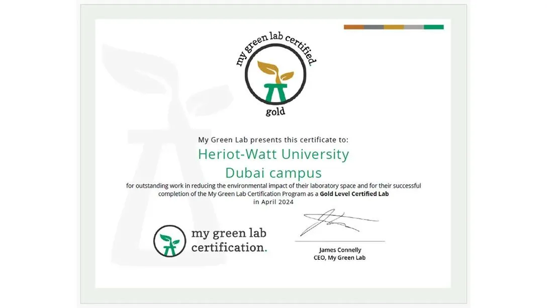 Gold certificate awarded to the Dubai Campus by My Green Lab