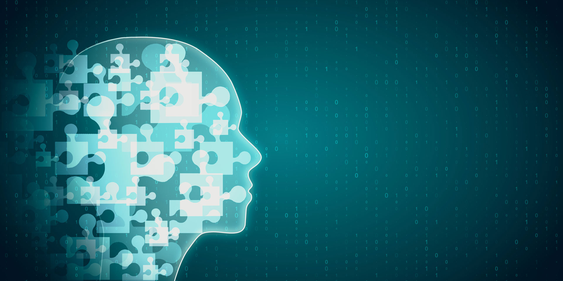 Silhouette of a head composed of puzzle pieces, illustrating the intricacies of the human mind and problem-solving.