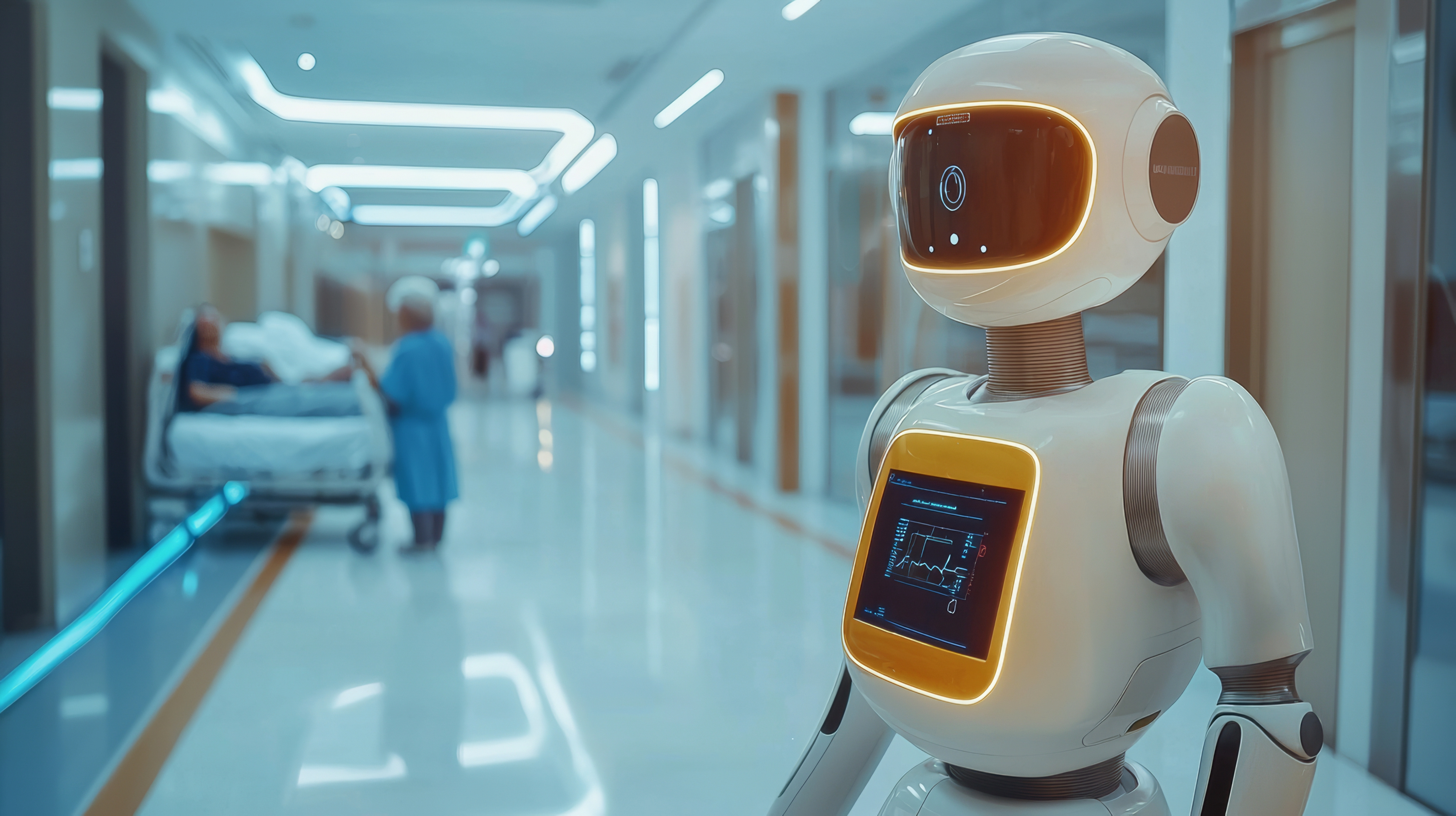 A humanoid robot stands in a modern hospital corridor, with patients and staff visible in the background.