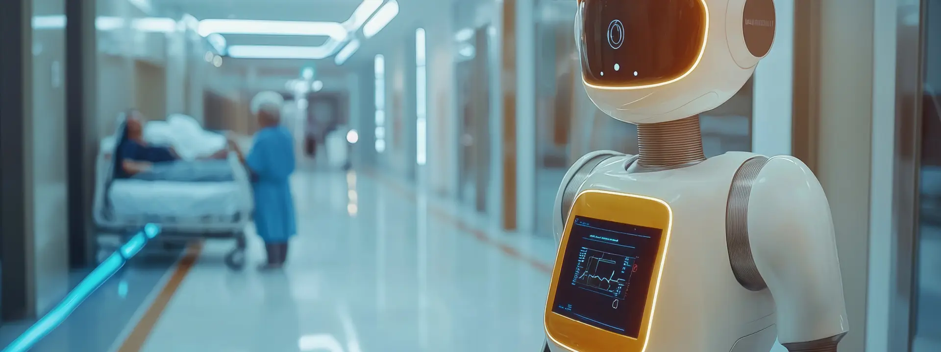 A humanoid robot stands in a modern hospital corridor, with patients and staff visible in the background.