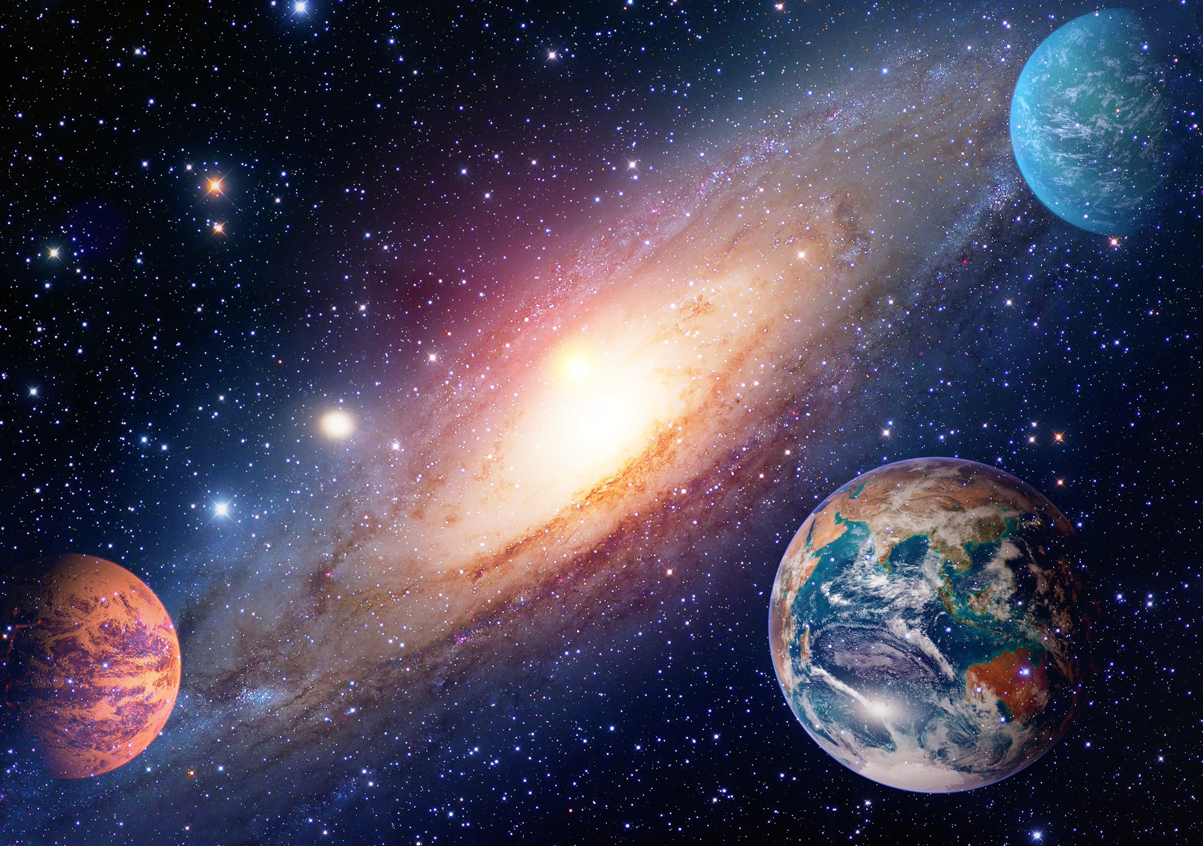 This image shows a vibrant view of a galaxy surrounded by stars and planets in outer space.