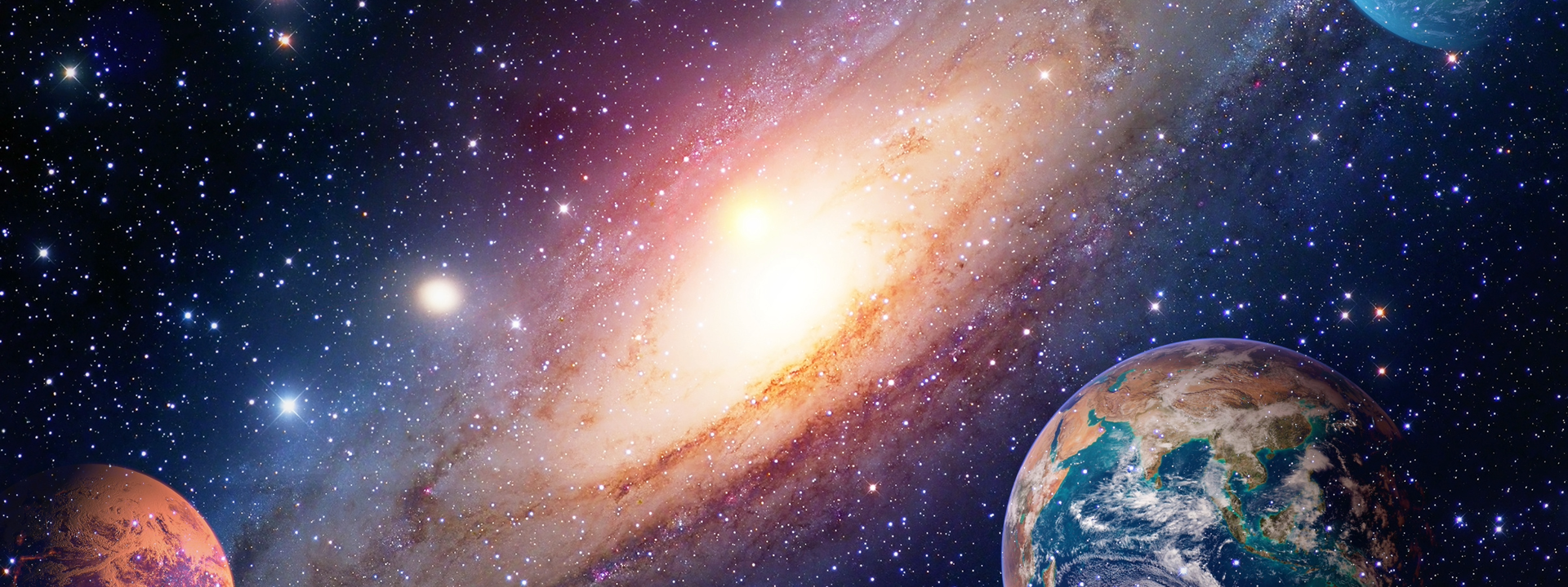 This image shows a vibrant view of a galaxy surrounded by stars and planets in outer space.