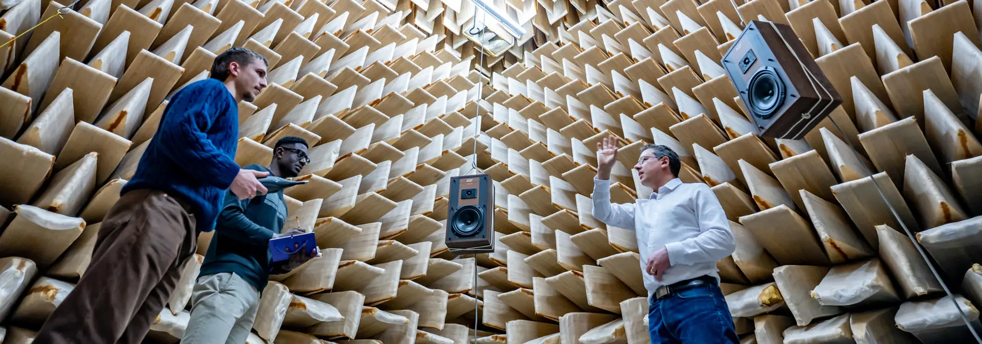 Anechoic chamber with speakers, academic teaching two students