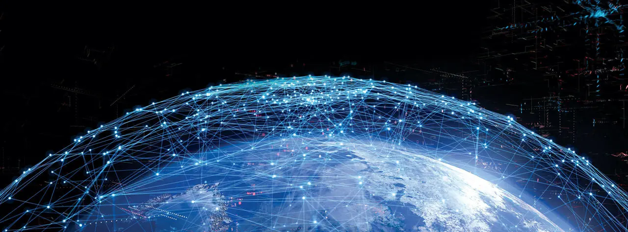 Abstract graphic of a globe with dots connecting places.