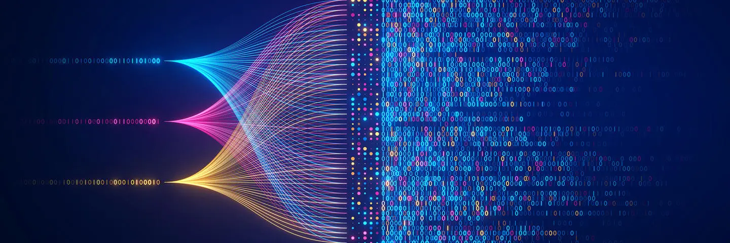 Abstract network using streams of coloured binary characters