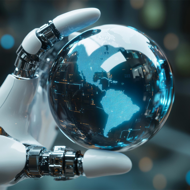 Robot hand holding a glowing digital globe displaying the Americas with futuristic circuitry and blue light highlights.