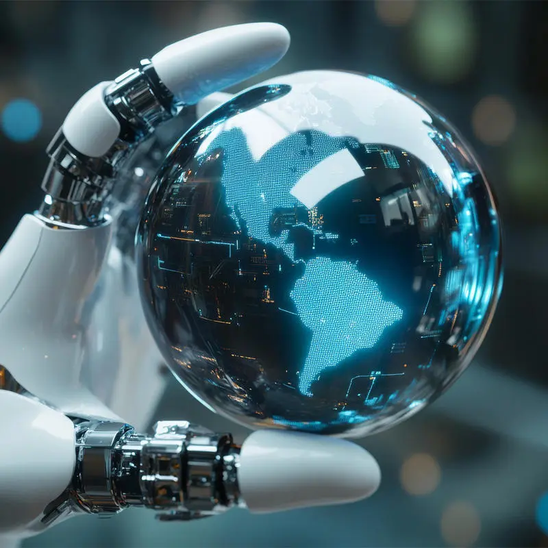 Robot hand holding a glowing digital globe displaying the Americas with futuristic circuitry and blue light highlights.