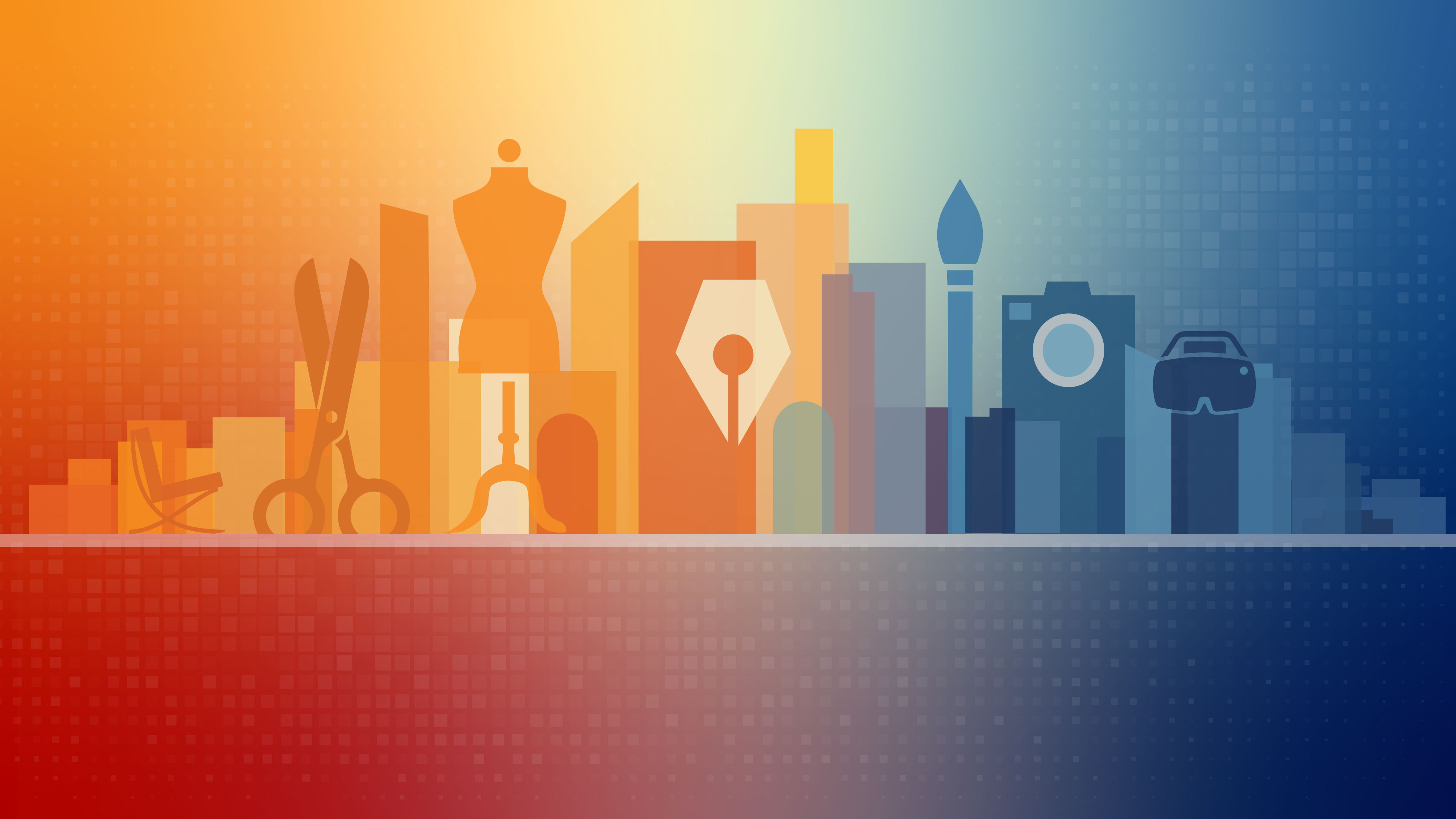 minimal illustration of skyscrappers with illustrations of various textile, design and media elements infront of it.