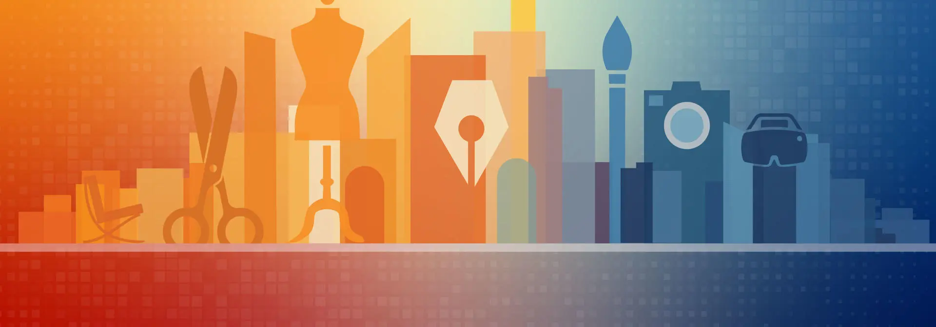 minimal illustration of skyscrappers with illustrations of various textile, design and media elements infront of it.