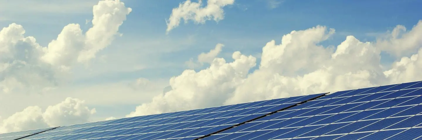 Many solar panels facing a blue sky