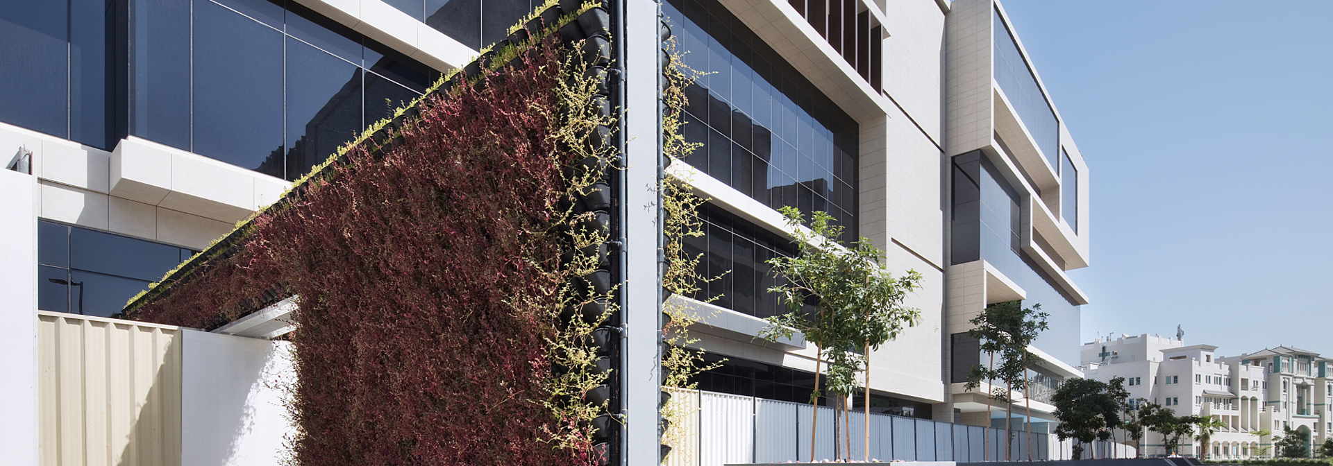Dubai building exterior wall with plants growing