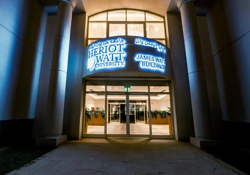 entrance of a building with Heriot-watt logo and building name James Watt Building
