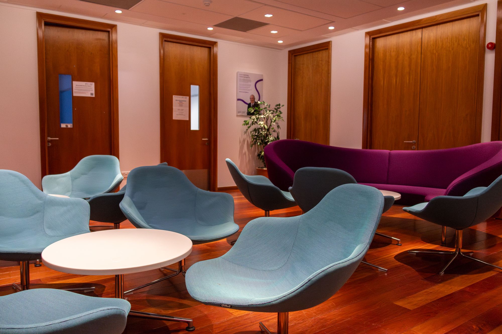 A set of blue chairs arranged neatly in a room.