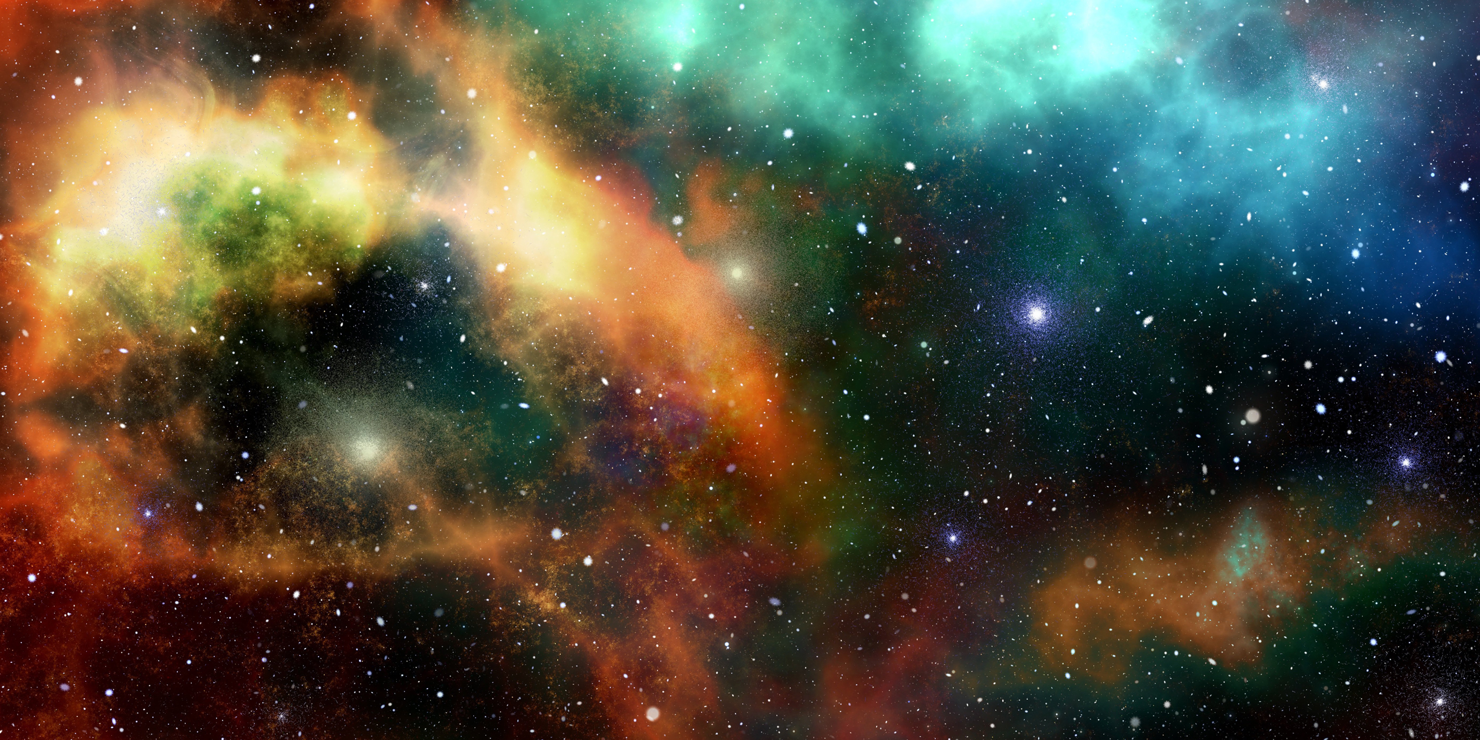 Colourful cosmic nebula with swirling orange, green, blue, and purple clouds scattered with bright stars.