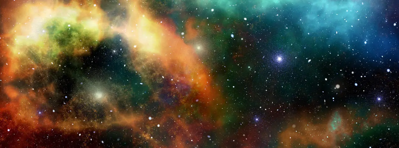 Colourful cosmic nebula with swirling orange, green, blue, and purple clouds scattered with bright stars.